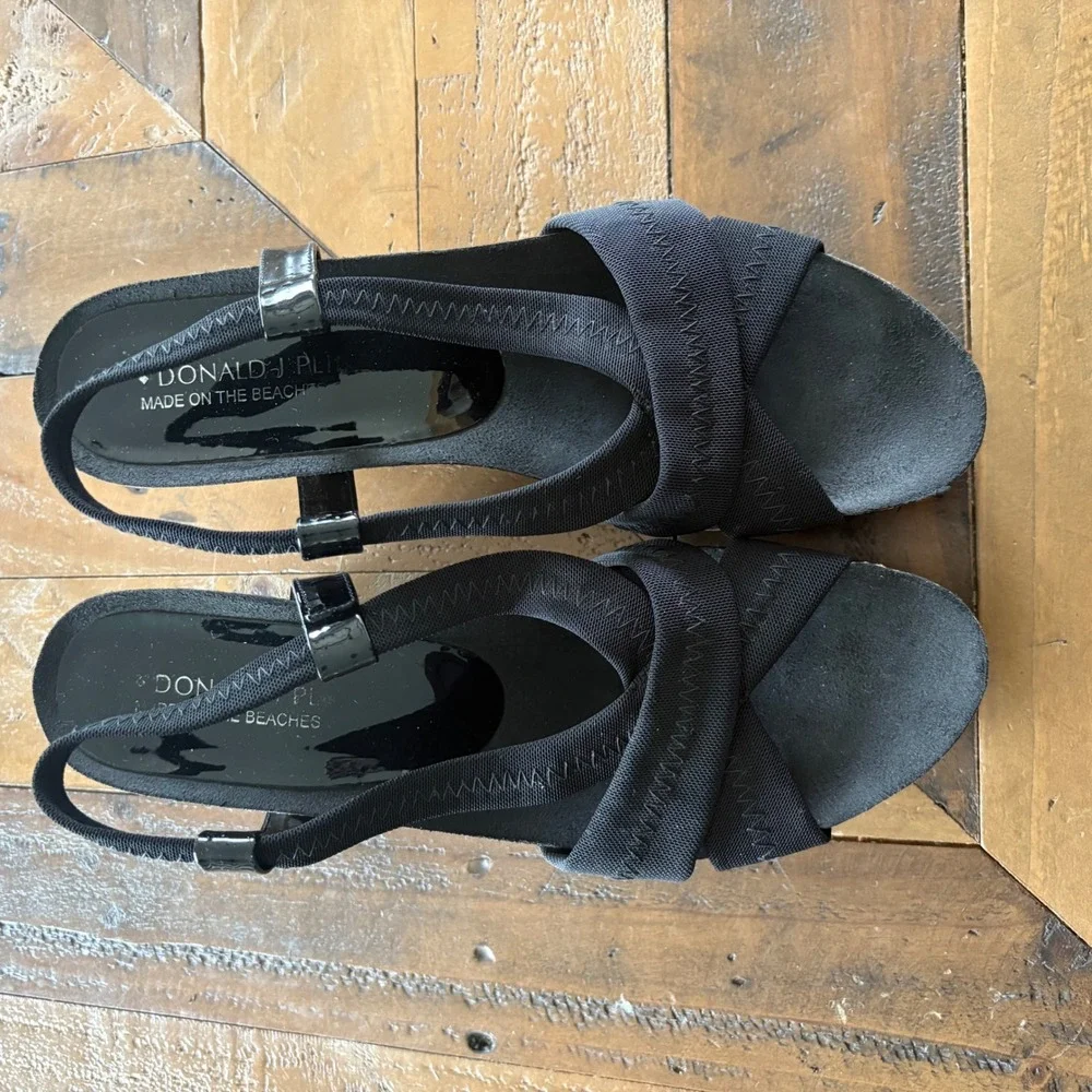$198 DONALD PLINER Bowie Black Wedge Woven Sandals Cork Leather Made in Spain 9M